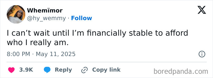 Tweet about financial stability and self-identity, featured in relatable memes to share with friends online.