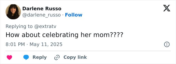Twitter user Darlene Russo replying to a comment about celebrating her mom on May 11, 2025.