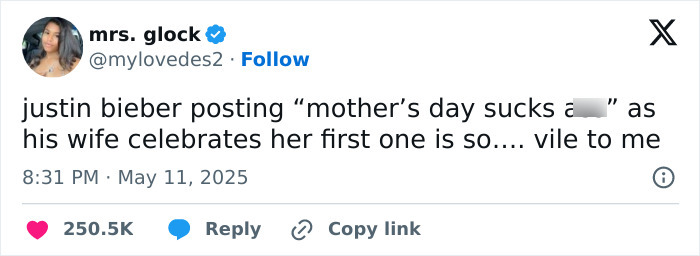Screenshot of a tweet criticizing Justin Bieber for a vile Mother's Day post disrespecting his wife during her first celebration.