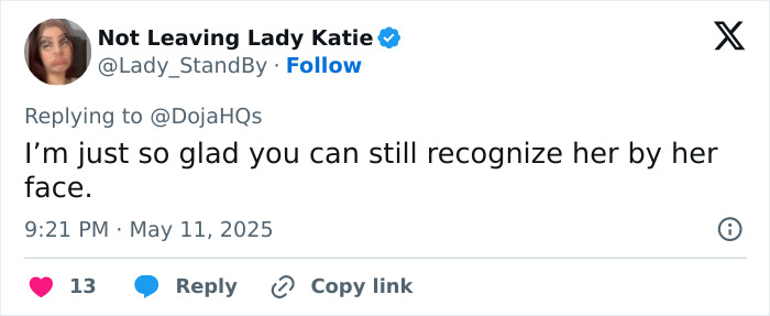 Tweet from Not Leaving Lady Katie responding about Doja Cat’s appearance after plastic surgery mishap, asking fans not to notice. Tweet from Not Leaving Lady Katie responding about Doja Cat’s appearance after plastic surgery mishap, asking fans not to notice.