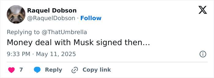 Tweet from Raquel Dobson mentioning a money deal with Musk signed, relating to Elon Musk fathered Amber Heard twins rumor. Tweet from Raquel Dobson mentioning a money deal with Musk signed, relating to Elon Musk fathered Amber Heard twins rumor.