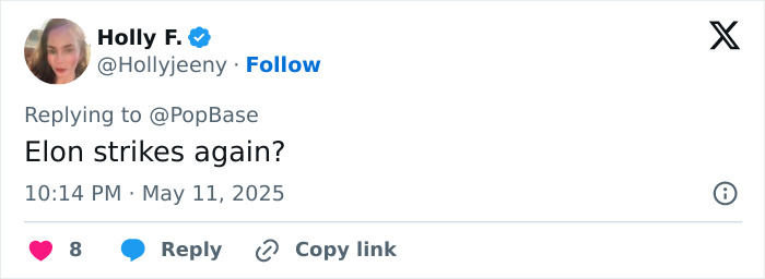 Tweet by Holly F. reacting to Elon Musk and Amber Heard rumors, questioning if Elon strikes again, on social media platform. Tweet by Holly F. reacting to Elon Musk and Amber Heard rumors, questioning if Elon strikes again, on social media platform.