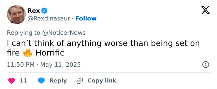 Screenshot of a Twitter reply expressing shock about a woman setting her childhood male friend on fire.