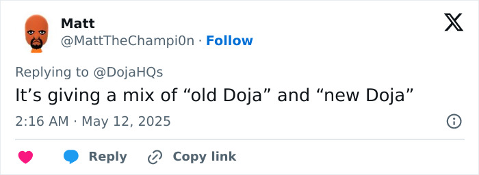 Screenshot of a social media reply discussing Doja Cat’s plastic surgery mishap on the red carpet. Screenshot of a social media reply discussing Doja Cat’s plastic surgery mishap on the red carpet.