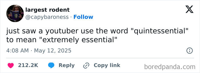 Tweet screenshot from May featuring a funny comment about the word quintessential in a humorous context.