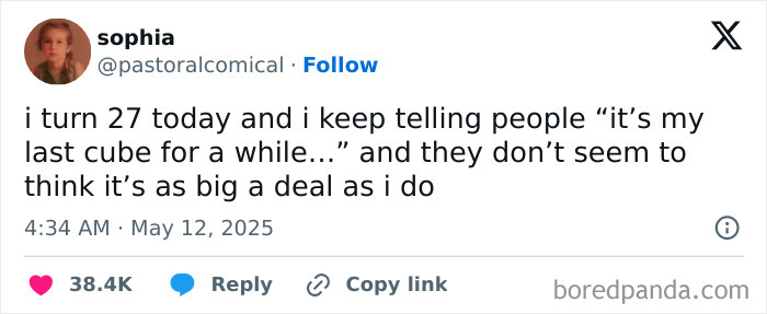 Screenshot of a funny May tweet about turning 27, featured in a collection of humorous tweets for SEO keyword tweets from May.