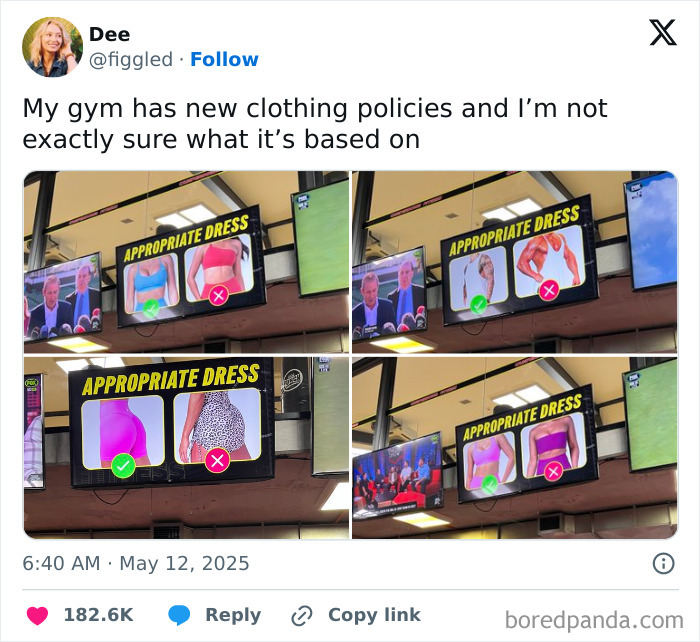 Tweet showing humorous gym clothing policies with images highlighting appropriate and inappropriate dress codes.