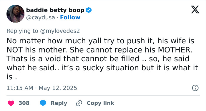 Screenshot of a Twitter reply criticizing Justin Bieber&rsquo;s Mother's Day post, sparking online fury over disrespect.