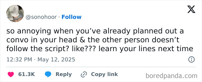 Tweet from May humorously about planned conversations not going as expected, highlighting funny May tweets to share.