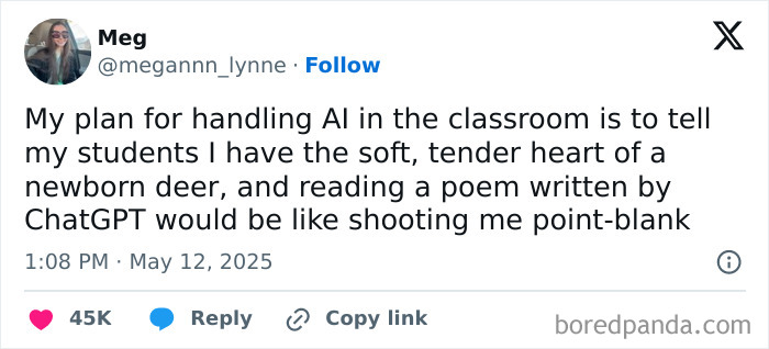 Tweet about handling AI in the classroom with humor, shared among funny tweets from May readers.