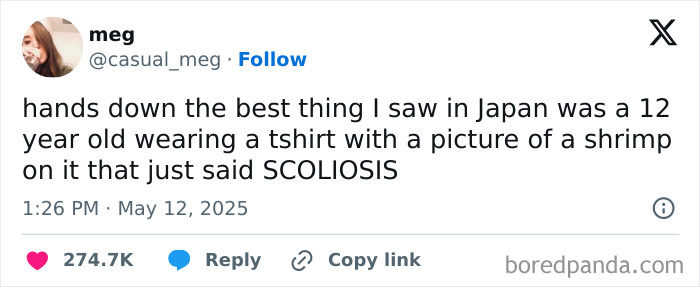 Tweet from May about a funny observation involving a 12-year-old wearing a shrimp scoliosis t-shirt, highlighting humor in tweets.
