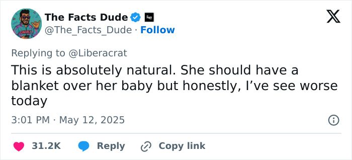 Tweet from The Facts Dude discussing public breastfeeding at a restaurant and opinions about covering up the baby.