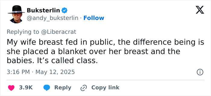 Tweet criticizing public breastfeeding in a restaurant, emphasizing modesty and covering up during breastfeeding.