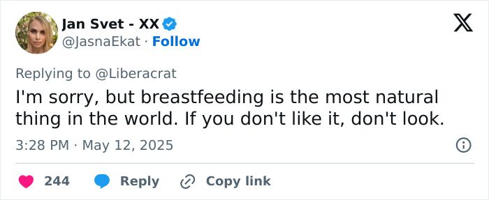 Screenshot of a social media post defending public breastfeeding amid criticism, emphasizing it as natural and normal.