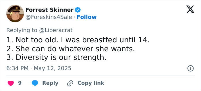 Tweet by Forrest Skinner supporting breastfeeding, stating personal experience and promoting diversity amid public breastfeeding debate.