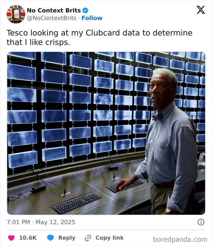 Man in a control room surrounded by multiple digital screens, funny British comedy post about Tesco data and crisps.