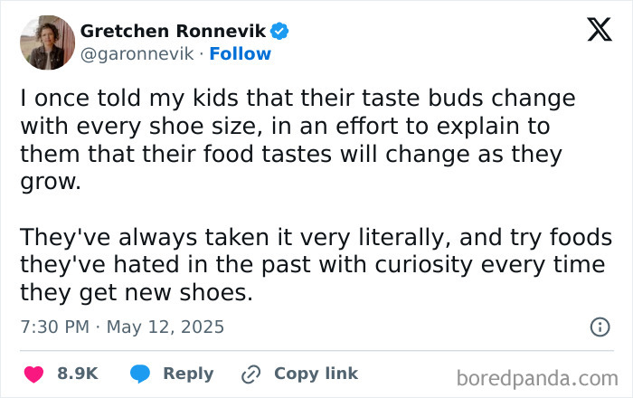 Tweet about parenting realities humorously explaining kids' changing food tastes linked to shoe size growth.