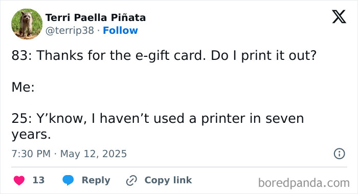 Tweet about parenting humor on e-gift cards and printer use reflecting real parenting realities in May edition tweets.