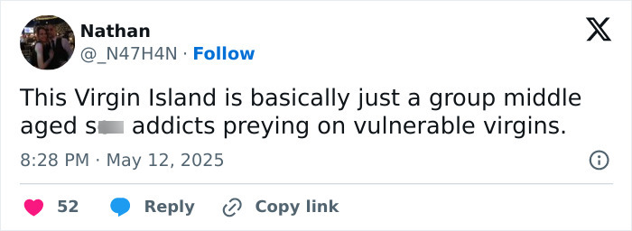 Tweet criticizing the new reality show Virgin Island, calling it exploitative of vulnerable singles. Tweet criticizing the new reality show Virgin Island, calling it exploitative of vulnerable singles.