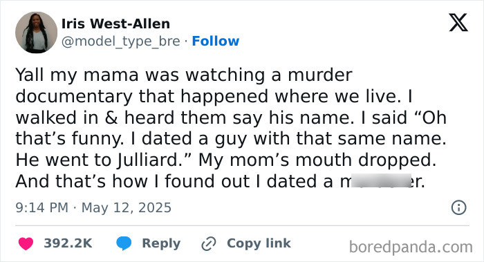 A funny tweet from May about a surprising m****r documentary story shared on social media with high engagement.