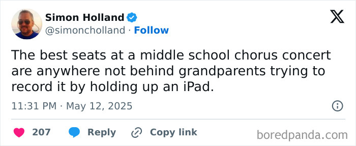 Tweet showing a humorous parenting reality about middle school chorus concerts and grandparents recording with an iPad.