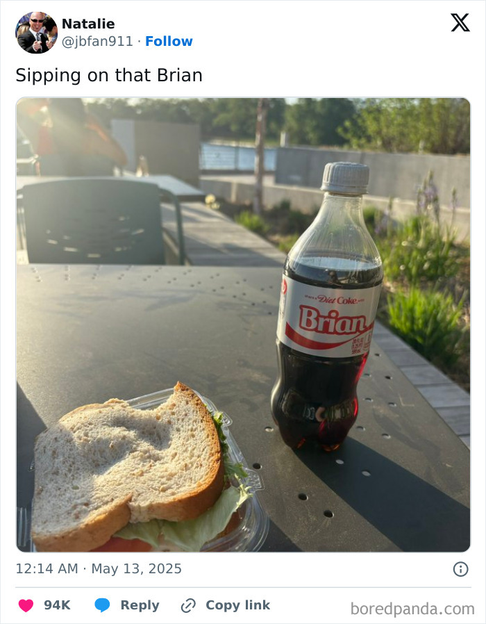 Tweet showing a Diet Coke bottle labeled Brian and a sandwich on a table, funny May tweets to share.