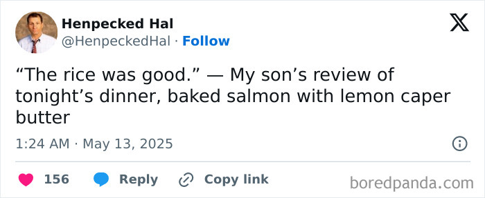 Tweet from Henpecked Hal sharing a humorous parenting insight about his son’s review of dinner with salmon and lemon caper butter.