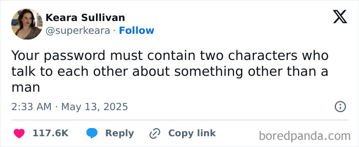 Tweet by Keara Sullivan humorously about password rules and conversation, part of funny May tweets collection.