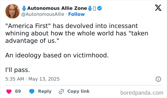 Tweet discussing current political situation, expressing criticism of America First ideology and online public opinions.