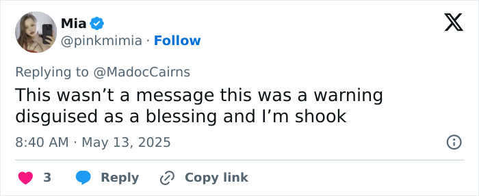 Screenshot of a tweet reacting to the Pope&rsquo;s one-word message to the United States, calling it a warning disguised as a blessing.