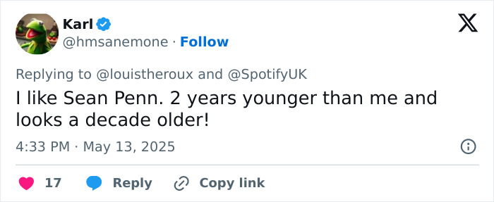 Tweet discussing Sean Penn&rsquo;s rough appearance and fan concerns over his heavy claims about Woody Allen.