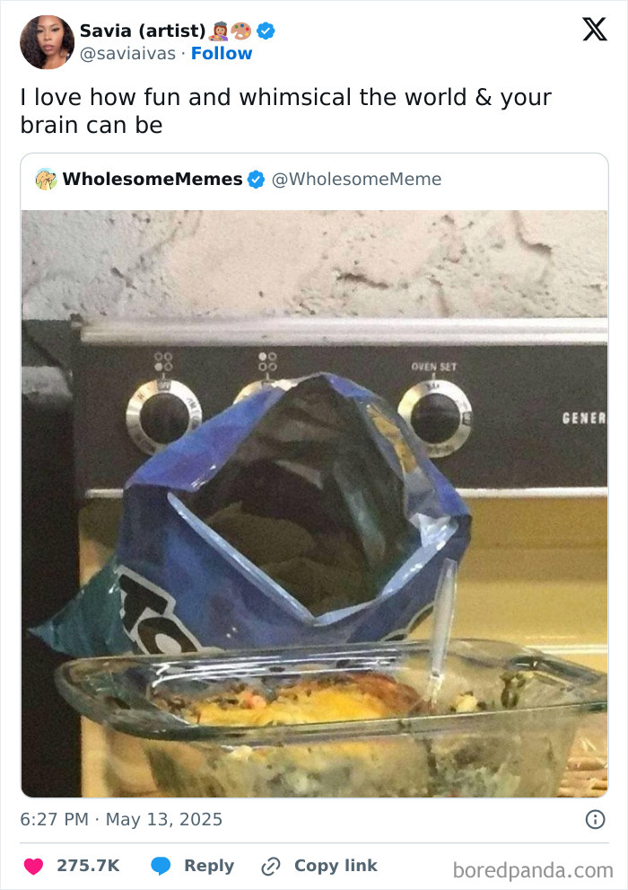Funny May tweet showing a humorous cooking fail with a bag of chips beside a baked dish in the oven setting background.