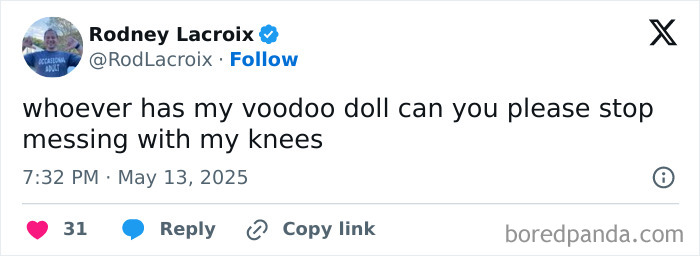 Tweet about parenting humor mentioning a voodoo doll and aching knees, illustrating relatable realities of parenting.