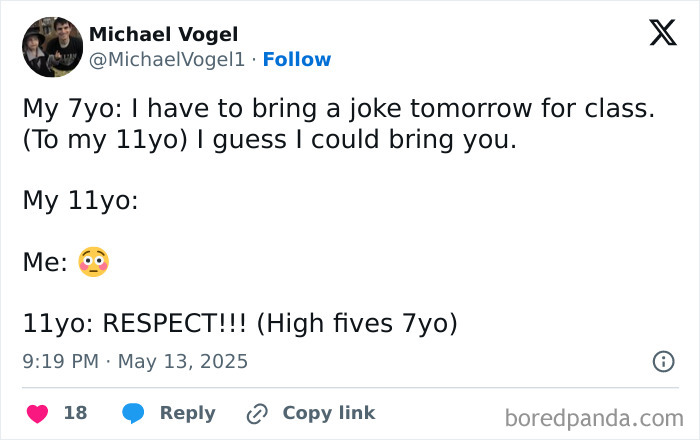 Tweet showing a humorous parenting moment highlighting the realities of parenting with kids aged 7 and 11.