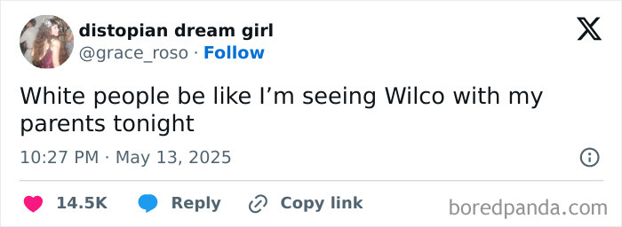 Tweet from May showing a humorous statement about seeing Wilco with parents, part of funny May tweets collection.