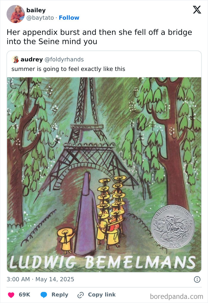 Funny May tweet with a humorous book illustration referencing summer, shared in a popular viral Twitter post collection.