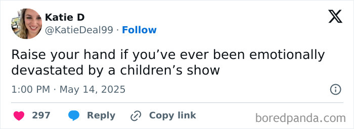 Screenshot of a parenting tweet expressing emotional reactions to children’s shows, highlighting realities of parenting.