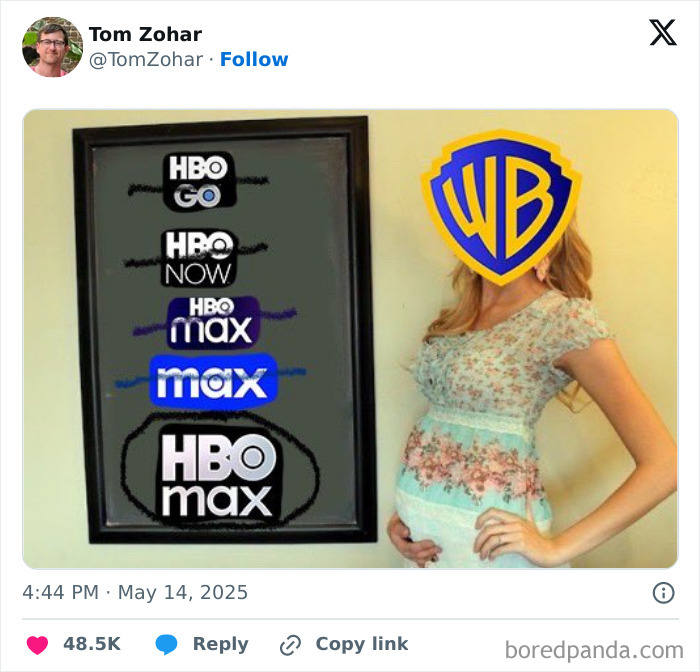 Humorous tweet showing evolution of HBO Max logos with Warner Bros logo on a woman’s face, May tweets.
