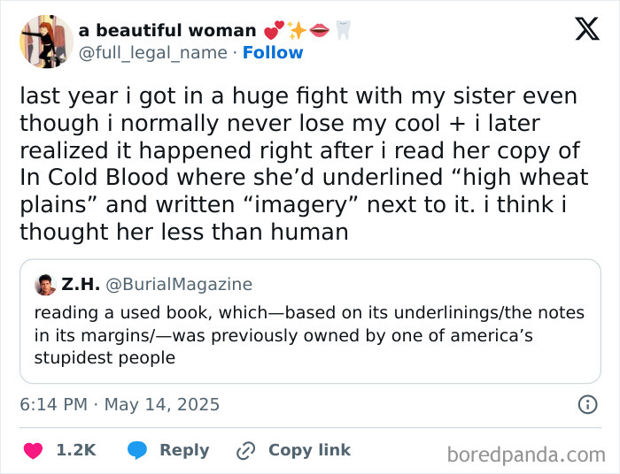 Tweet about a funny May memory involving a fight over a book's underlined text and humorous misunderstandings.