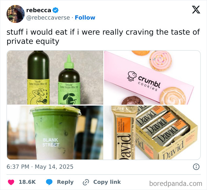 Funny tweet about craving the taste of private equity with images of olive oil, cookies, a drink, and snack bars.