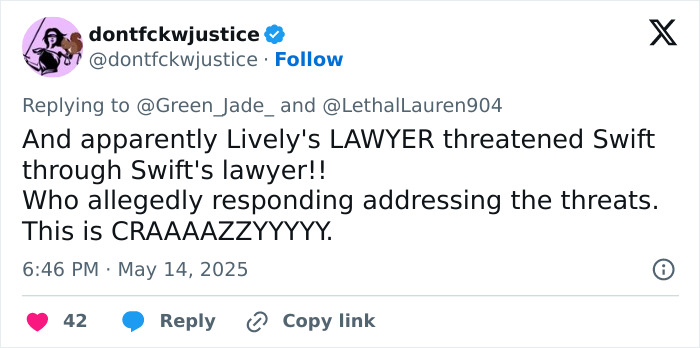 Tweet about Blake Lively allegedly blackmailing Taylor Swift with leaked personal texts amid their legal feud.