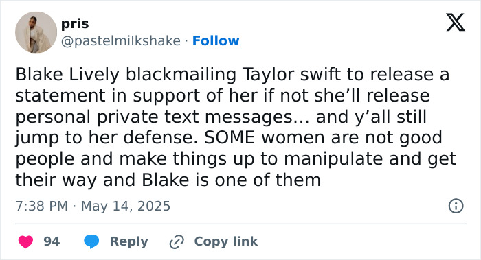 Social media post discussing Blake Lively allegedly blackmailing Taylor Swift with personal text leaks amid feud.