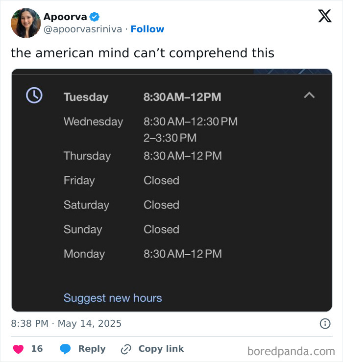 Tweet showing confusing business hours posted with caption about the American mind, highlighting photos meant to confuse Americans.