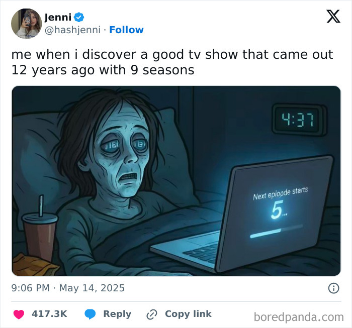 Tweet showing a tired person watching TV late at night, illustrating funny May tweets about binge-watching shows.