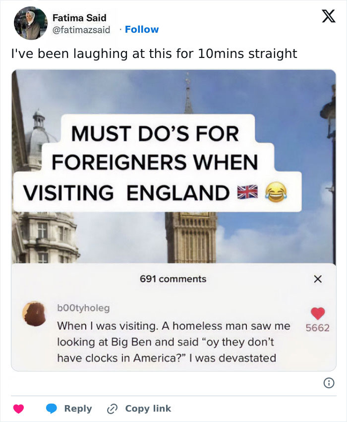 Tweet about funny must-dos for foreigners visiting England with Big Ben in the background, British memes humor.