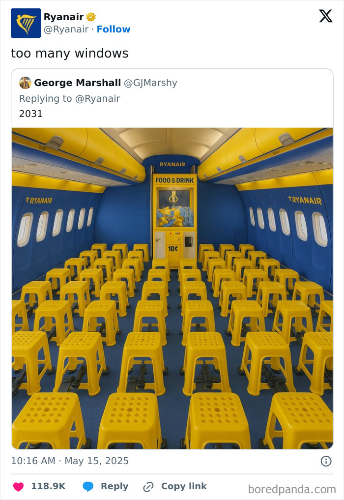 Ryanair airplane interior with rows of yellow stools and a food and drink vending machine, showcasing British comedy humor.