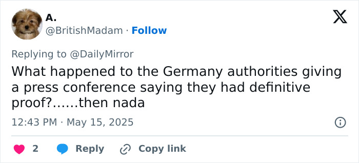 Tweet questioning Germany authorities on press conference about Madeleine McCann suspect and proof, posted by user A.