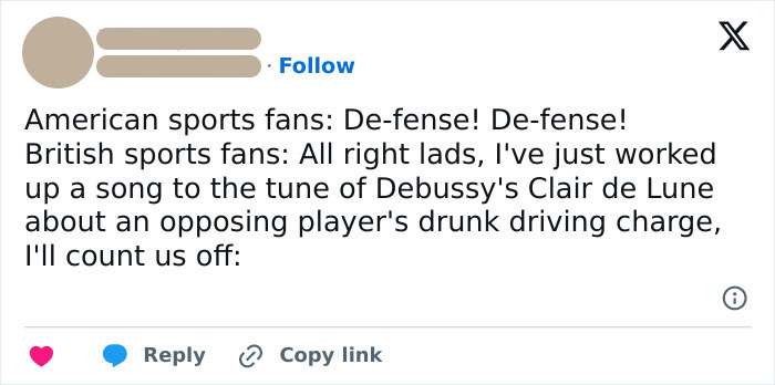 Screenshot of a British meme comparing American and British sports fans' humorous reactions, featuring a witty song reference.