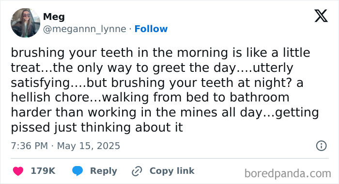 Screenshot of a funny tweet about brushing teeth morning vs night, part of May tweets collection.