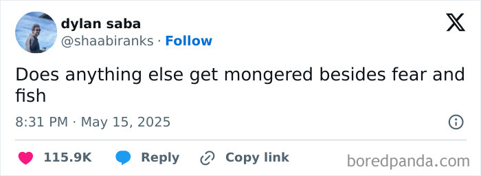 Tweet from May with humorous text about fear and fish, showing engagement and reactions on social media platform.